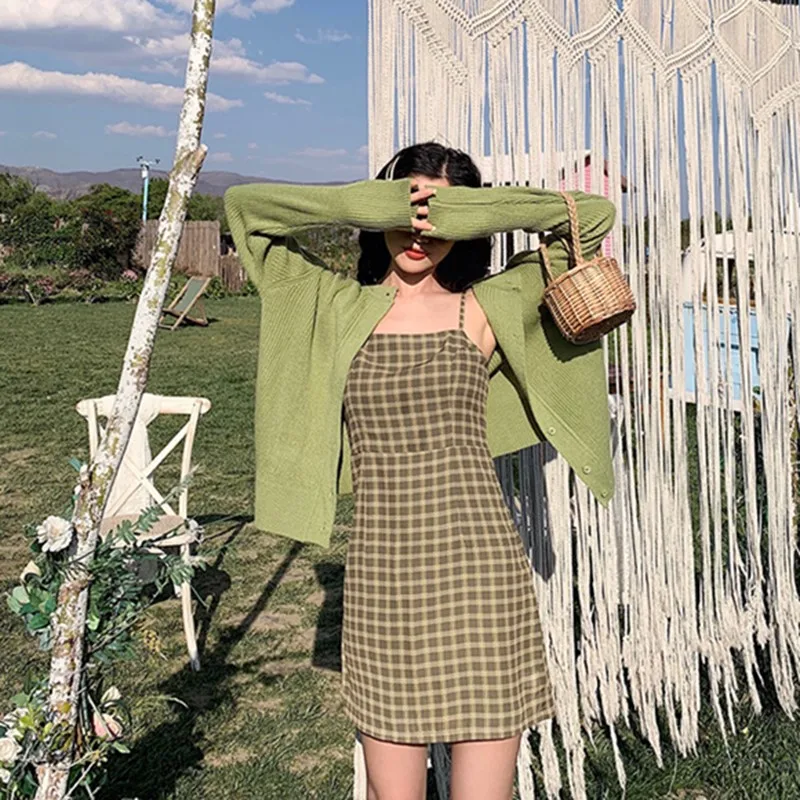 Zoki High Waist Avocado Green Vintage Plaid Dress Women Summer Korean A Line Design Sundress Elegant Sexy Slim Mini Dress