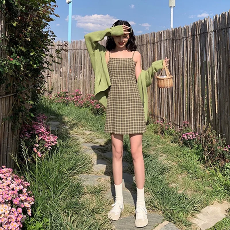 Zoki High Waist Avocado Green Vintage Plaid Dress Women Summer Korean A Line Design Sundress Elegant Sexy Slim Mini Dress