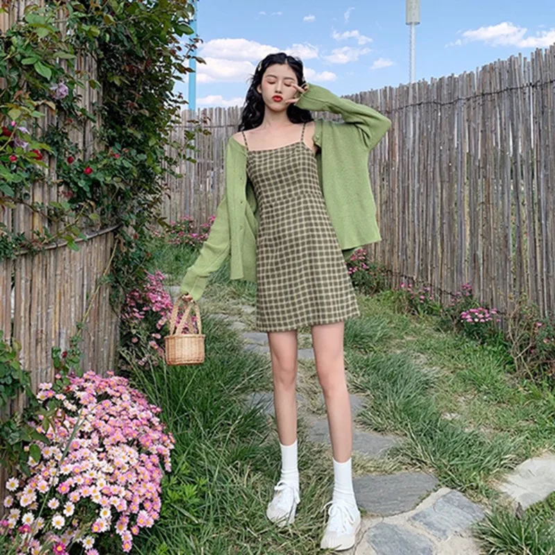 Zoki High Waist Avocado Green Vintage Plaid Dress Women Summer Korean A Line Design Sundress Elegant Sexy Slim Mini Dress